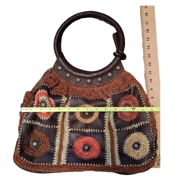 Isabella Fiore Handbag Leather Brown Multi-Color Jeweled Embroidered Crocheted - Picture 14 of 16